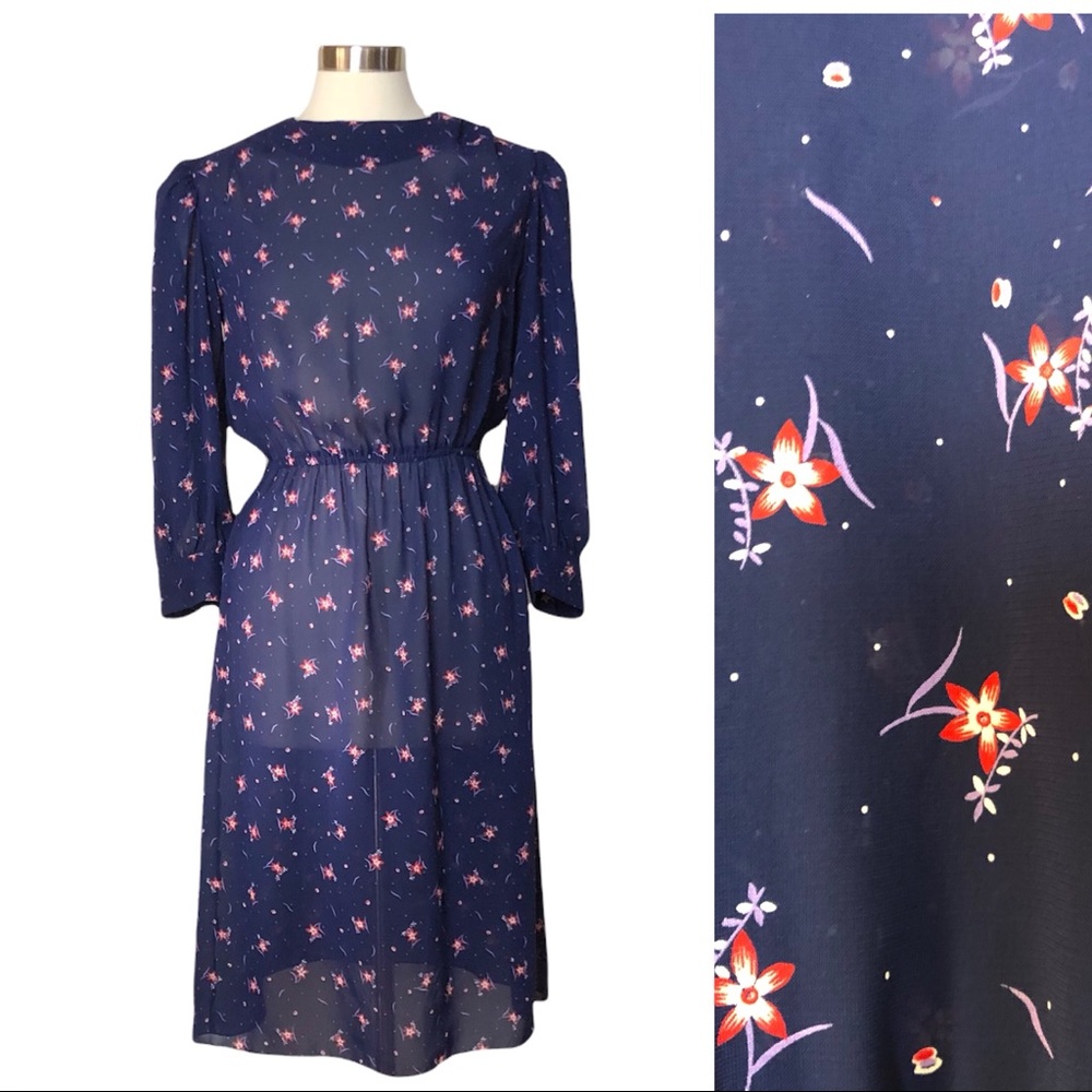 Vintage ca 80s Charlee Allison for Eljay Blue Floral Dress